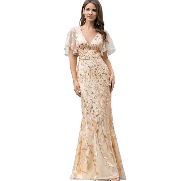 Ever Pretty Gold Shimmery Leaf Embroidered VNeck RuffleSleeves Maxi Dress NWT 2X - Picture 1 of 16